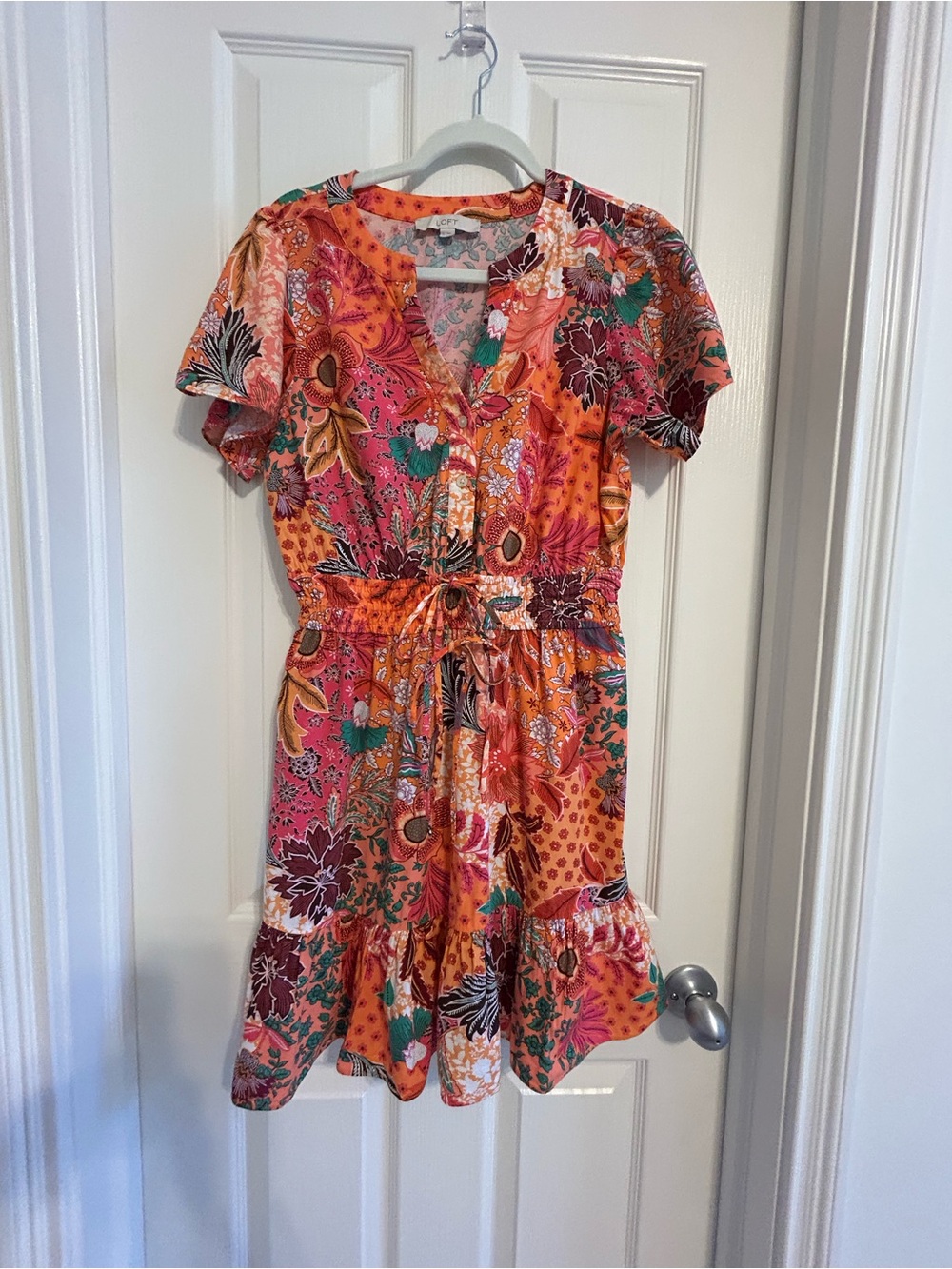 LOFT Orange Floral Tie-Waist Short Sleeve Tiered Mini Dress